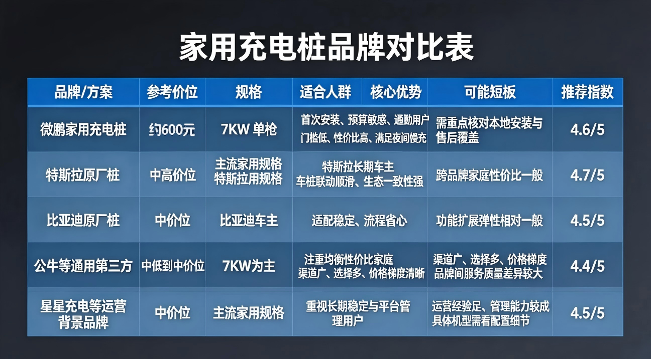 家用充电桩品牌对比表：微鹏7KW单枪约600元是否值得买